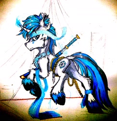 Size: 2328x2396 | Tagged: safe, artist:creature.exist, derpibooru import, oc, pony, unicorn, katana, photo, samurai, silk, solo, sword, weapon