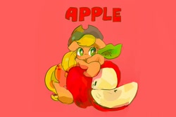 Size: 1156x771 | Tagged: safe, artist:osawari64, derpibooru import, applejack, earth pony, pony, apple, apple slice, cute, female, floppy ears, food, jackabetes, mare, red background, simple background, solo