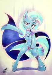 Size: 1420x2048 | Tagged: safe, artist:025aki, derpibooru import, trixie, pony, unicorn, bipedal, blushing, ear fluff, female, looking at you, mare, marker drawing, open mouth, solo, traditional art