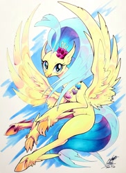Size: 1487x2048 | Tagged: safe, artist:025aki, derpibooru import, princess skystar, hippogriff, my little pony: the movie, cute, female, flower, flower in hair, flying, marker drawing, seashell necklace, sky, skyabetes, solo, spread wings, traditional art, wings