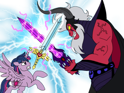 Size: 2048x1536 | Tagged: safe, artist:melspyrose, derpibooru import, dusk shine, lord tirek, prince dusk, twilight sparkle, twilight sparkle (alicorn), alicorn, glowing eyes, glowing horn, gritted teeth, horn, reference to another series, rule 63, sword, weapon