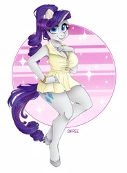 Size: 1920x2615 | Tagged: safe, artist:sk-ree, derpibooru import, rarity, anthro, unguligrade anthro, unicorn, alternate hairstyle, clothes, dress, eyelashes, female, looking at you, mare, open mouth, open smile, ponytail, smiling, smiling at you, solo, unshorn fetlocks