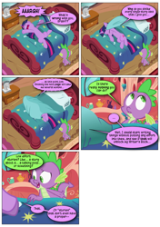 Size: 868x1230 | Tagged: safe, artist:dziadek1990, derpibooru import, edit, edited screencap, screencap, spike, twilight sparkle, unicorn twilight, dragon, pony, unicorn, lesson zero, bed, comic, conversation, dialogue, female, male, mare, meta, pillow, screencap comic, slice of life, text, uniocrn, writer's block