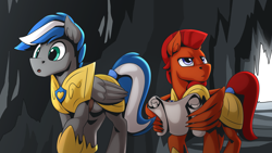 Size: 2560x1440 | Tagged: safe, artist:mysticalpha, derpibooru import, oc, oc only, oc:captain sunride, oc:cloud zapper, pegasus, pony, armor, cave, male, pegasus oc, royal guard, royal guard armor, stallion, wings