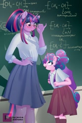 Size: 848x1280 | Tagged: safe, artist:xjenn9, derpibooru import, princess flurry heart, twilight sparkle, anthro, aunt and niece, chalkboard, clothes, female, filly, glasses, mare, ponytail, school uniform, skirt