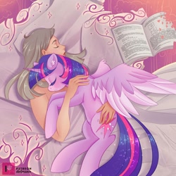 Size: 1280x1280 | Tagged: safe, artist:xjenn9, derpibooru import, twilight sparkle, twilight sparkle (alicorn), alicorn, human, pony, book, duo, duo female, female, holding a pony, hug, human female, mare, sleeping