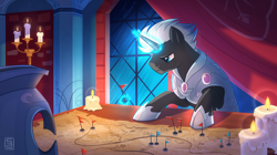 Size: 1920x1078 | Tagged: safe, artist:seanica, derpibooru import, oc, oc only, oc:valorheart, pony, unicorn, armor, candle, crystal armor, crystal guard, crystal guard armor, map, planning, solo