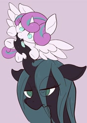 Size: 1442x2048 | Tagged: safe, artist:noupu, derpibooru import, princess flurry heart, queen chrysalis, alicorn, changeling, changeling queen, pony, baby, baby pony, biting, bust, cute, duo, female, floppy ears, nibbling, portrait, purple background, queen chrysalis is not amused, simple background, unamused
