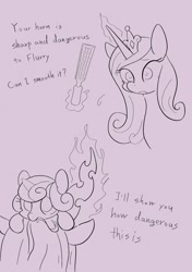 Size: 1442x2048 | Tagged: safe, artist:noupu, derpibooru import, princess cadance, princess flurry heart, queen chrysalis, alicorn, changeling, changeling queen, pony, baby, baby pony, bust, cute, dialogue, female, glowing horn, horn, mare, monochrome