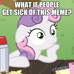 Size: 500x500 | Tagged: safe, derpibooru import, edit, edited screencap, screencap, sweetie belle, pony, unicorn, ponyville confidential, caption, cropped, exploitable meme, female, filly, horn, image macro, meme, obligatory pony, solo, sudden clarity sweetie belle, text, two toned mane, white coat, wide eyes