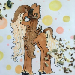 Size: 1080x1080 | Tagged: safe, artist:_alana_wolli_, derpibooru import, oc, oc only, original species, pony, hoof fluff, horns, looking up, solo, traditional art, wings