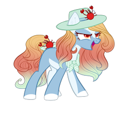 Size: 2567x2302 | Tagged: safe, artist:helemaranth, derpibooru import, oc, oc only, oc:cara, crab, earth pony, pony, bow, colored hooves, earth pony oc, eyelashes, hat, open mouth, simple background, smiling, smirk, solo, sun hat, transparent background