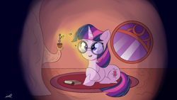 Size: 3840x2160 | Tagged: safe, artist:legiot18, derpibooru import, twilight sparkle, unicorn twilight, firefly (insect), insect, pony, unicorn, adorkable, book, crossed hooves, cute, dork, female, flower, glasses, golden oaks library, lying down, mare, night, prone, signature, smiling, twiabetes