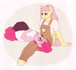 Size: 3900x3600 | Tagged: safe, artist:hahyh, derpibooru import, fluttershy, pinkie pie, anthro, earth pony, pegasus, unguligrade anthro, beanbrows, clothes, eyebrows, female, flutterpie, lesbian, overalls, shipping