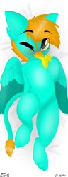 Size: 500x1300 | Tagged: safe, artist:wulfieshydev, derpibooru import, oc, oc only, griffon, blushing, body pillow, chest fluff, commission, cute, fluffy, griffon oc, your character here