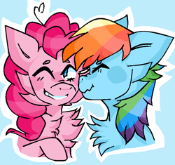 Size: 750x704 | Tagged: safe, artist:letmeoute, derpibooru import, pinkie pie, rainbow dash, earth pony, pegasus, pony, blue background, bust, cheek fluff, chest fluff, eyes closed, female, fluffy, lesbian, mare, nose wrinkle, nuzzling, one eye closed, pinkiedash, shipping, simple background, wavy mouth