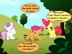 Size: 945x720 | Tagged: safe, derpibooru import, edit, edited screencap, screencap, apple bloom, scootaloo, sweetie belle, the cutie mark chronicles, bow, bucket, cropped, dialogue, hair bow, headcanon, implied screwball, speech bubble, tree, water