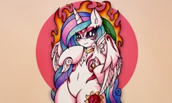 Size: 2048x1229 | Tagged: safe, artist:canvymamamoo, princess celestia, alicorn, pony, alternate cutie mark, amaterasu, belly button, bipedal, circle background, crossover, ear fluff, female, fire, looking at you, mare, okami, peytral, smiling, solo