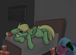 Size: 3300x2400 | Tagged: safe, artist:myahster, oc, oc:lemming, pegasus, pony, bed, bedroom, beer can, commission, dark room, laundry, sad, solo, tired