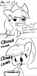 Size: 1461x2971 | Tagged: safe, artist:tjpones, edit, applejack, earth pony, pony, applejack can't cook, bowl, burnt, chili, cooking, cowboy hat, crunch, eating, female, hat, mare, silly, silly pony, solo, stetson, talking, this will end in the hospital, who's a silly pony