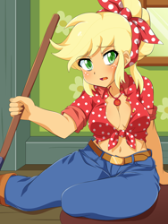 Size: 1200x1600 | Tagged: safe, artist:umejiru, applejack, better together, equestria girls, five to nine, absolute cleavage, alternate hairstyle, anime, applerack, bedroom, blushing, boots, braless, breasts, broom, cleavage, clothes, country, country applejack, freckles, front knot midriff, geode of super strength, jacket, jeans, magical geodes, midriff, open mouth, pants, shoes, working