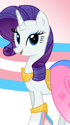 Size: 1080x1920 | Tagged: safe, artist:sallyso, derpibooru import, rarity, pony, unicorn, belt, bracelet, clothes, dress, eyeshadow, female, jewelry, lgbt headcanon, makeup, mare, open mouth, pride, pride flag, regalia, skirt, solo, trans girl, transgender, transgender pride flag