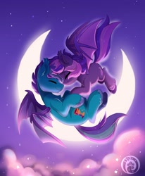 Size: 2399x2915 | Tagged: safe, artist:colorfulcolor233, derpibooru import, oc, oc only, bat pony, pony, bat pony oc, bat wings, crescent moon, duo, eyes closed, moon, night, transparent moon, wings