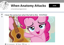 Size: 1266x886 | Tagged: safe, derpibooru import, edit, pinkie pie, earth pony, pony, honest apple, bedroom eyes, guitar, looking at you, meme, musical instrument, reddit