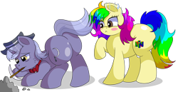 Size: 9300x4800 | Tagged: safe, artist:rainbowtashie, derpibooru import, igneous rock pie, night light, oc, oc:evening emeralds, oc:rainbow tashie, earth pony, pony, unicorn, blushing, bowtie, butt, commissioner:bigonionbean, cutie mark, extra thicc, female, flank, fusion, fusion:evening emeralds, hat, male, mare, pickaxe, plot, simple background, stallion, transparent background, writer:bigonionbean