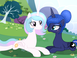 Size: 1400x1050 | Tagged: safe, artist:crystallightfury, artist:quartziie, derpibooru import, princess celestia, princess luna, alicorn, pony, alternate hairstyle, base used, duo, eye contact, female, looking at each other, lying down, mare, prone, royal sisters, siblings, sisters, tree