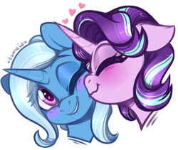 Size: 531x449 | Tagged: safe, artist:esmeia, derpibooru import, starlight glimmer, trixie, pony, unicorn, blushing, bust, cute, diatrixes, duo, female, glimmerbetes, heart, lesbian, mare, one eye closed, shipping, simple background, startrix, white background, wink