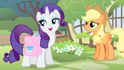 Size: 1280x720 | Tagged: safe, derpibooru import, screencap, applejack, rarity, earth pony, pony, unicorn, filli vanilli, bag, female, mare, saddle bag