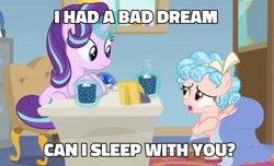 Size: 988x600 | Tagged: safe, derpibooru import, edit, edited screencap, screencap, cozy glow, starlight glimmer, pegasus, pony, unicorn, marks for effort, blanket, caption, chocolate, covered, desk, dialogue, duo, empathy cocoa, female, filly, food, glow, glowing cup, glowing horn, hoof hold, hooves on the table, horn, hot chocolate, image macro, looking at each other, looking at someone, mare, marshmallows, open mouth, sitting, starlight's office, talking, text