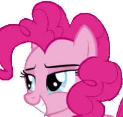 Size: 330x313 | Tagged: safe, derpibooru import, edit, edited screencap, editor:damaged, screencap, pinkie pie, earth pony, pony, the mane attraction, animated, discord (program), eyebrow wiggle, female, gif, grin, loop, mare, simple background, smiling, solo, transparent background