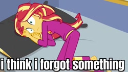 Size: 1024x576 | Tagged: safe, derpibooru import, edit, edited screencap, screencap, sunset shimmer, better together, equestria girls, wake up!, bed, caption, clothes, female, image macro, pajamas, solo, text