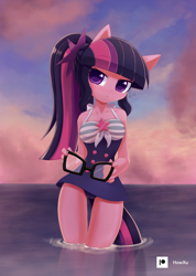 Size: 1000x1407 | Tagged: safe, artist:howxu, derpibooru import, sci-twi, twilight sparkle, anthro, equestria girls, adorasexy, clothes, cute, female, glasses, looking at you, one-piece swimsuit, sexy, sexy egghead, solo, swimsuit, twiabetes, water