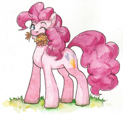 Size: 1135x1062 | Tagged: safe, artist:tigra0118, derpibooru import, pinkie pie, earth pony, pony, looking at you, my little pony, solo, standing, traditional art, watercolor painting