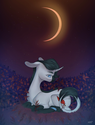 Size: 2296x3000 | Tagged: safe, artist:lovely-pony, derpibooru import, oc, pony, unicorn, female, lying down, mare, moon, night, prone, solo