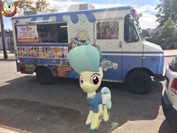 Size: 3264x2448 | Tagged: safe, artist:topsangtheman, derpibooru import, cinnabar, golden hooves, quicksilver, earth pony, pony, 3d, gameloft, ice cream truck, irl, looking at you, new york city, photo, ponies in real life, solo, source filmmaker