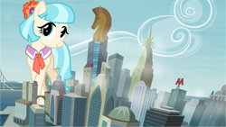 Size: 1280x720 | Tagged: safe, artist:abion47, artist:itv-canterlot, derpibooru import, edit, editor:jaredking203, coco pommel, earth pony, pony, building, female, giant pony, giant/macro earth pony, giant/mega coco pommel, giantess, highrise ponies, macro, manehattan, mare, vector, vector edit