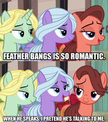 Size: 1280x1440 | Tagged: safe, derpibooru import, edit, edited screencap, editor:jaredking203, screencap, dear darling, fond feather, swoon song, earth pony, pegasus, pony, unicorn, hard to say anything, caption, female, image macro, implied feather bangs, mare, meme, text