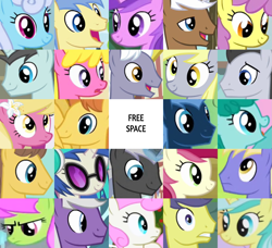 Size: 1555x1420 | Tagged: safe, derpibooru import, edit, edited screencap, editor:jaredking203, screencap, amethyst star, caramel, cherry berry, comet tail, dark moon, derpy hooves, dj pon-3, goldengrape, graphite, lemony gem, lily, lily valley, linky, lucky clover, merry may, mochaccino, neon lights, parasol, rare find, rising star, roseluck, royal riff, shoeshine, silver script, sir colton vines iii, sparkler, spring melody, sprinkle medley, star hunter, thorn (character), twinkleshine, vinyl scratch, warm front, earth pony, pegasus, pony, unicorn, bingo, female, male, mare, stallion