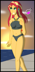 Size: 1000x2019 | Tagged: safe, artist:physicrodrigo, derpibooru import, part of a set, sunset shimmer, equestria girls, beach, belly button, bikini, breasts, clothes, commission, ear piercing, earring, female, geode of empathy, grin, human to pony, imminent transformation, jewelry, looking up, magical geodes, midriff, ocean, piercing, potion, smiling, solo, story included, sun, sunset, sunset jiggler, swimsuit, the conversion bureau, thrown, transformation, transformation sequence, vial, walking