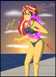 Size: 1461x2019 | Tagged: safe, artist:physicrodrigo, derpibooru import, part of a set, sunset shimmer, anthro, equestria girls, beach, belly button, bikini, breasts, clothes, commission, dna, dropping, ear piercing, earring, erect nipples, female, geode of empathy, gritted teeth, hitting, human to pony, jewelry, magical geodes, midriff, nipple outline, ocean, piercing, pony ears, potion, shocked, solo, splashing, sun, sunset, sunset jiggler, swimsuit, tail, the conversion bureau, transformation, transformation sequence, vial, wet, wide eyes