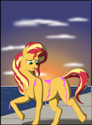 Size: 2295x3122 | Tagged: safe, artist:physicrodrigo, derpibooru import, part of a set, sunset shimmer, pony, unicorn, equestria girls, beach, blank flank, commission, dismay, dock, dripping, ear piercing, earring, female, high res, human to pony, jewelry, looking at self, looking down, mare, ocean, open mouth, piercing, potion, raised hoof, solo, story included, sun, sunset, the conversion bureau, transformation, transformation sequence, transformed
