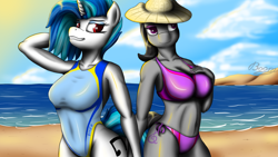 Size: 1434x811 | Tagged: safe, artist:bomzzzik, derpibooru import, dj pon-3, octavia melody, vinyl scratch, anthro, earth pony, pony, unicorn, arm behind head, beach, belly button, bikini, breasts, clothes, digital art, fanart, female, females only, grin, hat, one-piece swimsuit, orbtavia, smiling, swimsuit, vinyl stacked