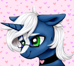 Size: 1303x1161 | Tagged: safe, artist:madcloudlet, derpibooru import, oc, oc only, oc:passi, pony, unicorn, abstract background, bust, cheek fluff, choker, colored pupils, femboy, floppy ears, glasses, green eyes, horn, male, portrait, smiling, solo, spots, stallion, unicorn oc