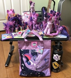 Size: 2743x3024 | Tagged: safe, derpibooru import, derpy hooves, pinkie pie, twilight sparkle, twilight sparkle (alicorn), alicorn, equestria girls, bag, carriage, doll, female, hydro flask, irl, japan, lipstick, merchandise, multeity, nail polish, photo, plushie, sparkle sparkle sparkle, toy, ubuntu, wallet