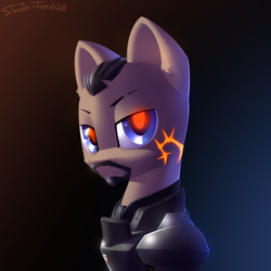 Size: 2000x2000 | Tagged: safe, artist:shido-tara, derpibooru import, armor, bust, crossover, glowing eyes, looking at you, mass effect, portrait, shepard, simple background