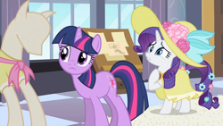 Size: 1280x720 | Tagged: safe, derpibooru import, screencap, rarity, twilight sparkle, unicorn twilight, pony, unicorn, sweet and elite, birthday dress, clothes, dress, female, mannequin, mare